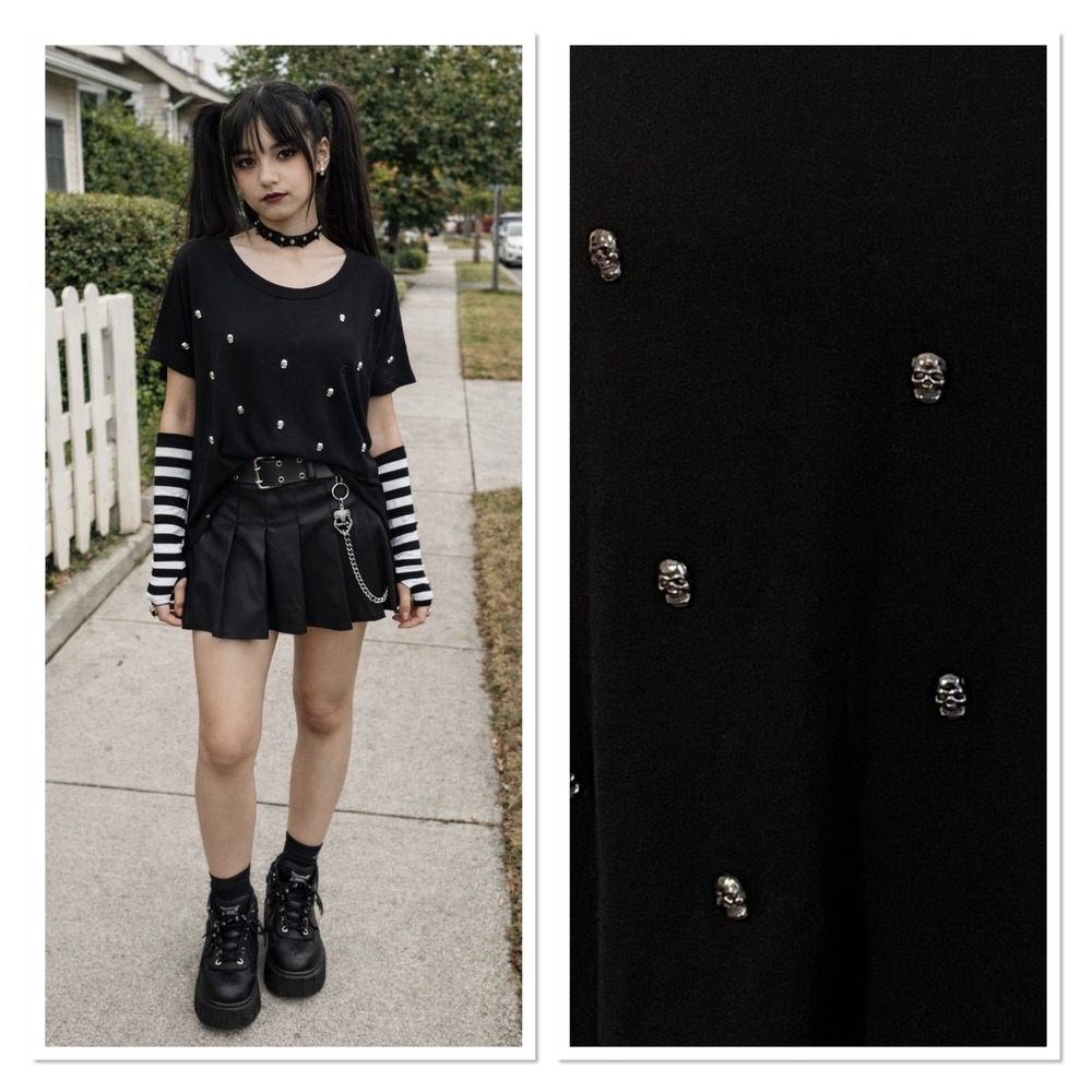 Wet Seal Black Skull Studded High Low Sharkbite Hem Top Goth Punk Alt Emo Y2K XL